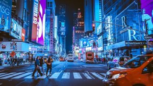 city lights US new york cab road blue street busy advertising billboards night